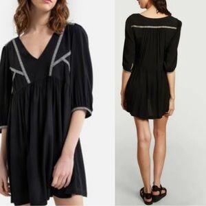 ba&sh Black Embroidered Alma Dress Contrast Stitch Flowy Boho Mini Size M